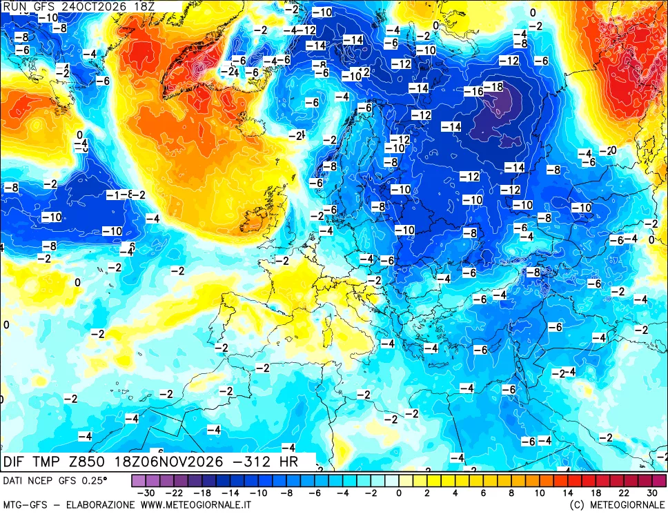 mappa Dif. Temp a 850 hPa Valid - Init