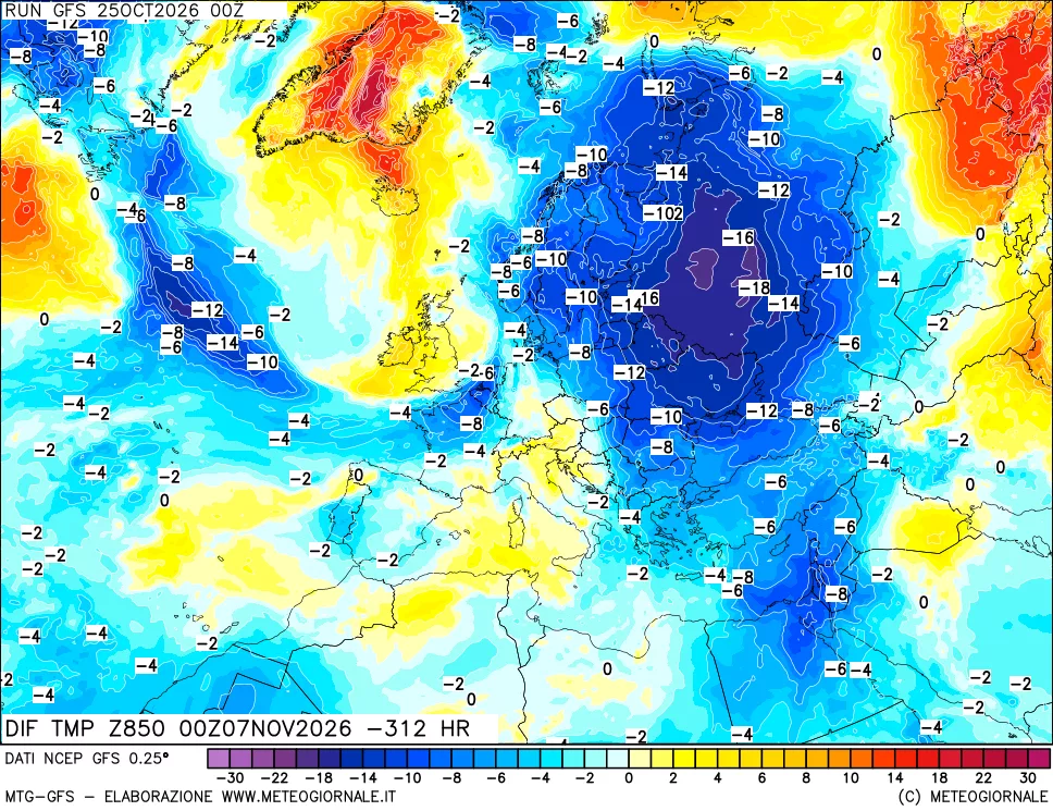 mappa Dif. Temp a 850 hPa Valid - Init