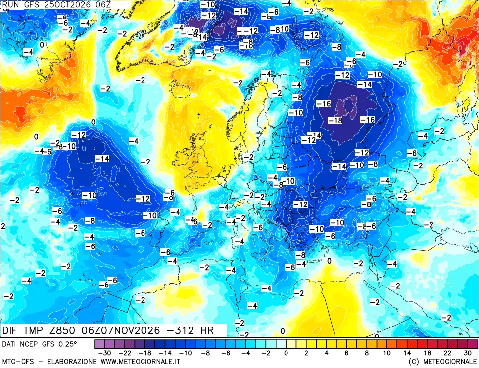 mappa Dif. Temp a 850 hPa Valid - Init
