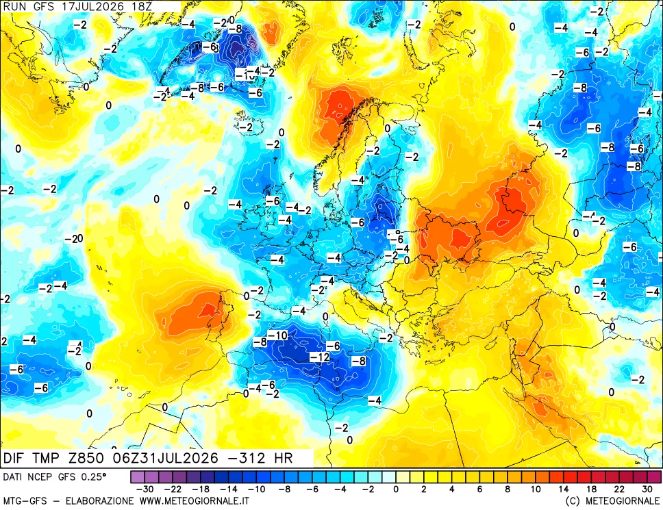 mappa Dif. Temp a 850 hPa Valid - Init
