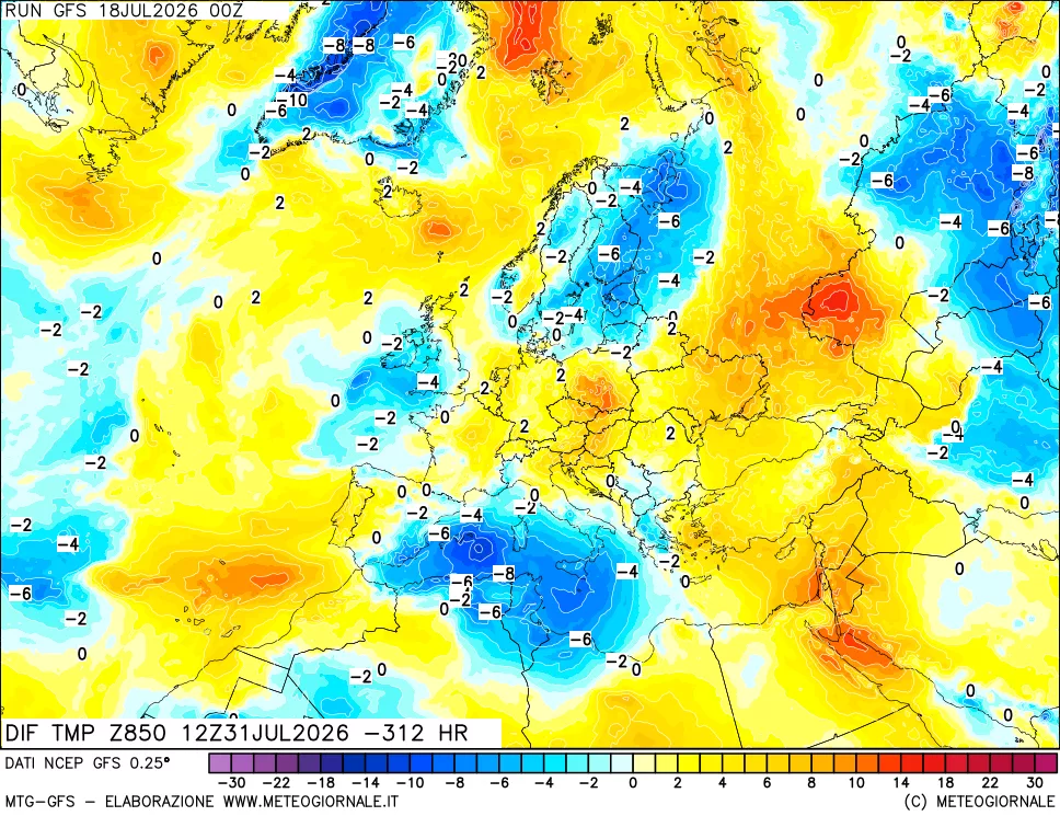 mappa Dif. Temp a 850 hPa Valid - Init