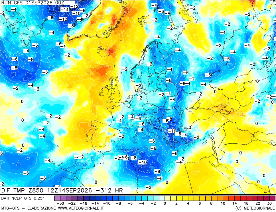 mappa Dif. Temp a 850 hPa Valid - Init