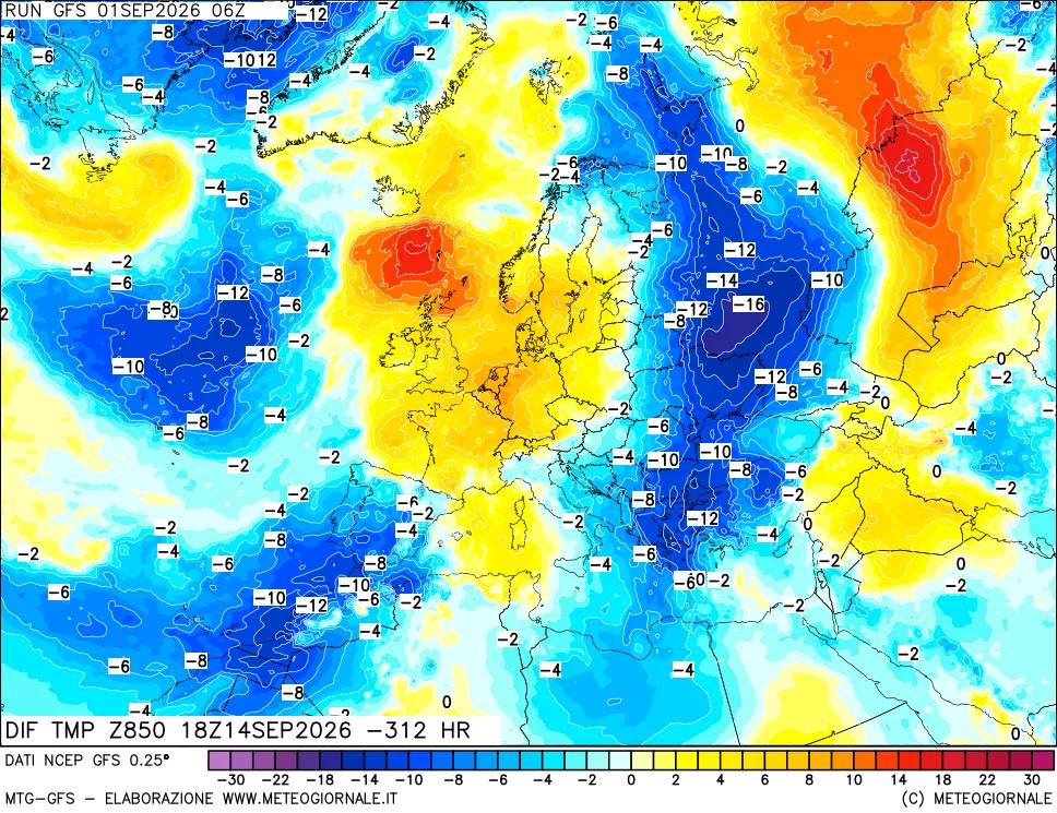 mappa Dif. Temp a 850 hPa Valid - Init