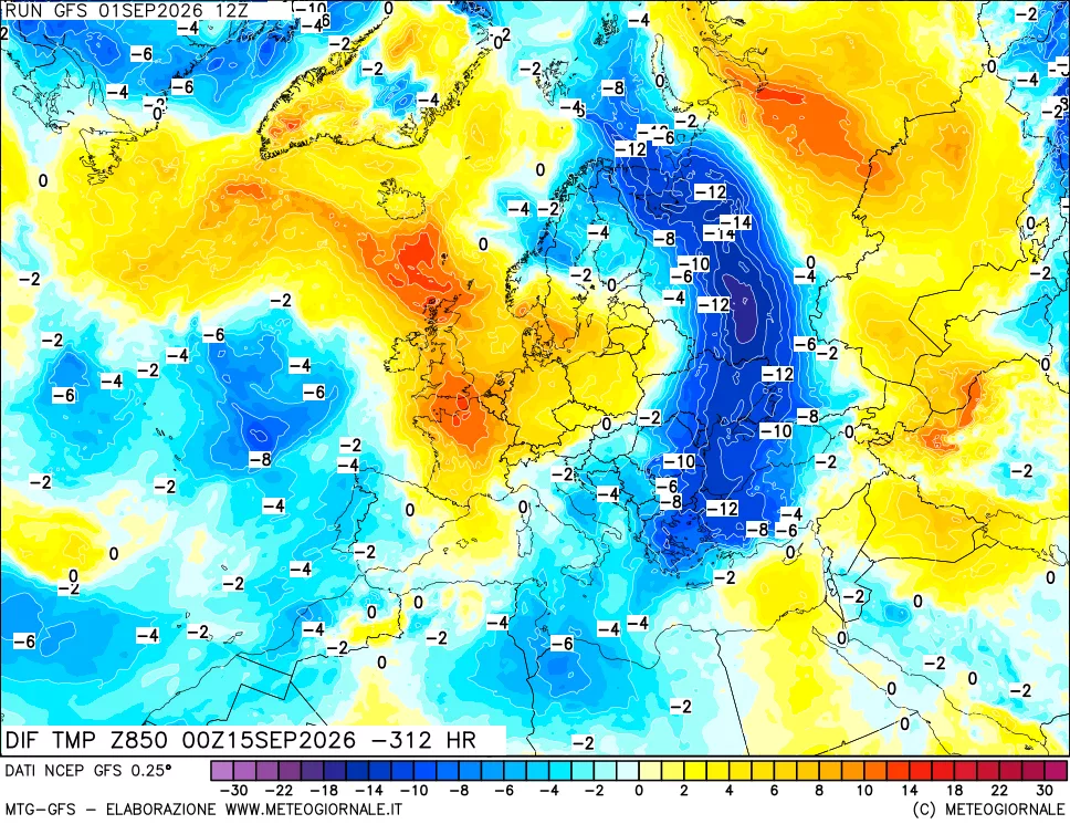 mappa Dif. Temp a 850 hPa Valid - Init