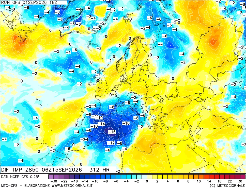 mappa Dif. Temp a 850 hPa Valid - Init