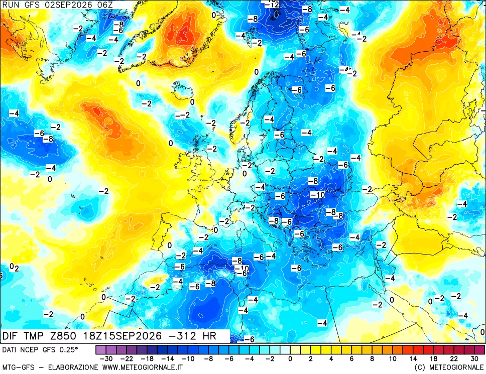 mappa Dif. Temp a 850 hPa Valid - Init