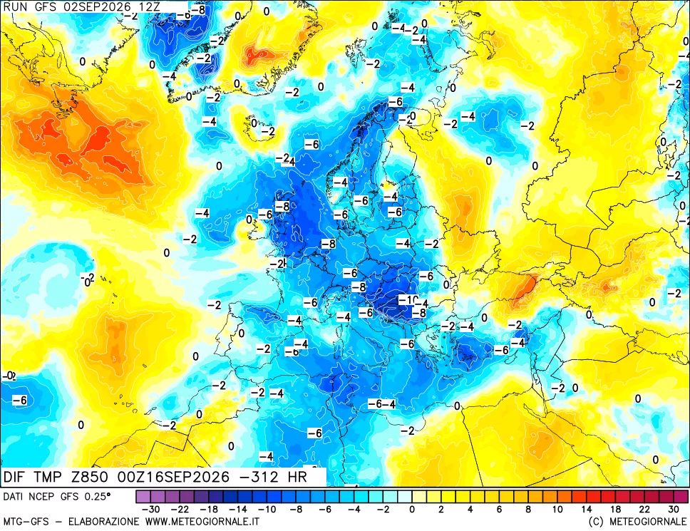 mappa Dif. Temp a 850 hPa Valid - Init