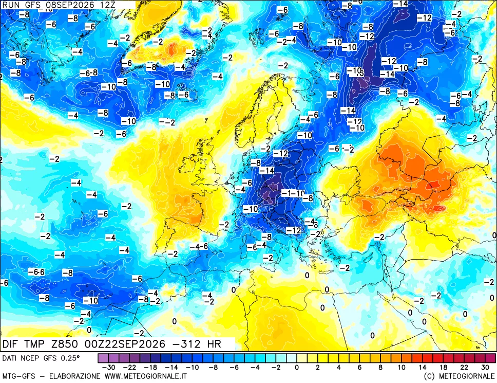 mappa Dif. Temp a 850 hPa Valid - Init