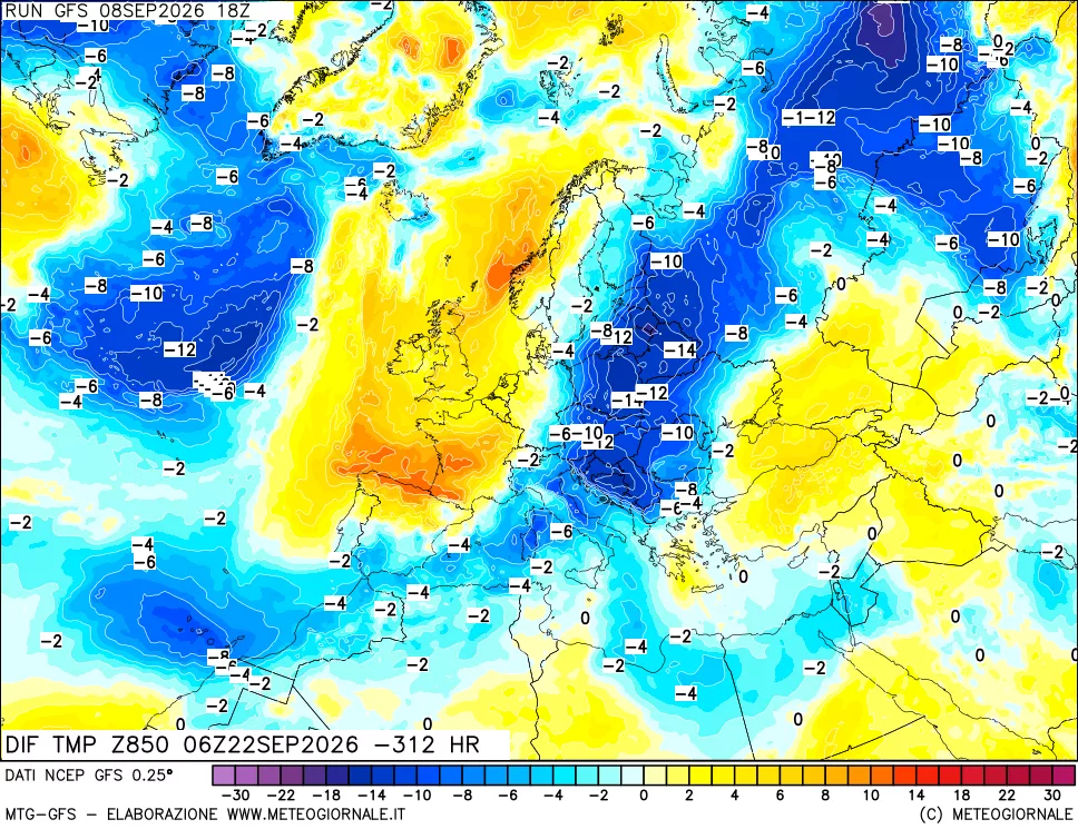 mappa Dif. Temp a 850 hPa Valid - Init
