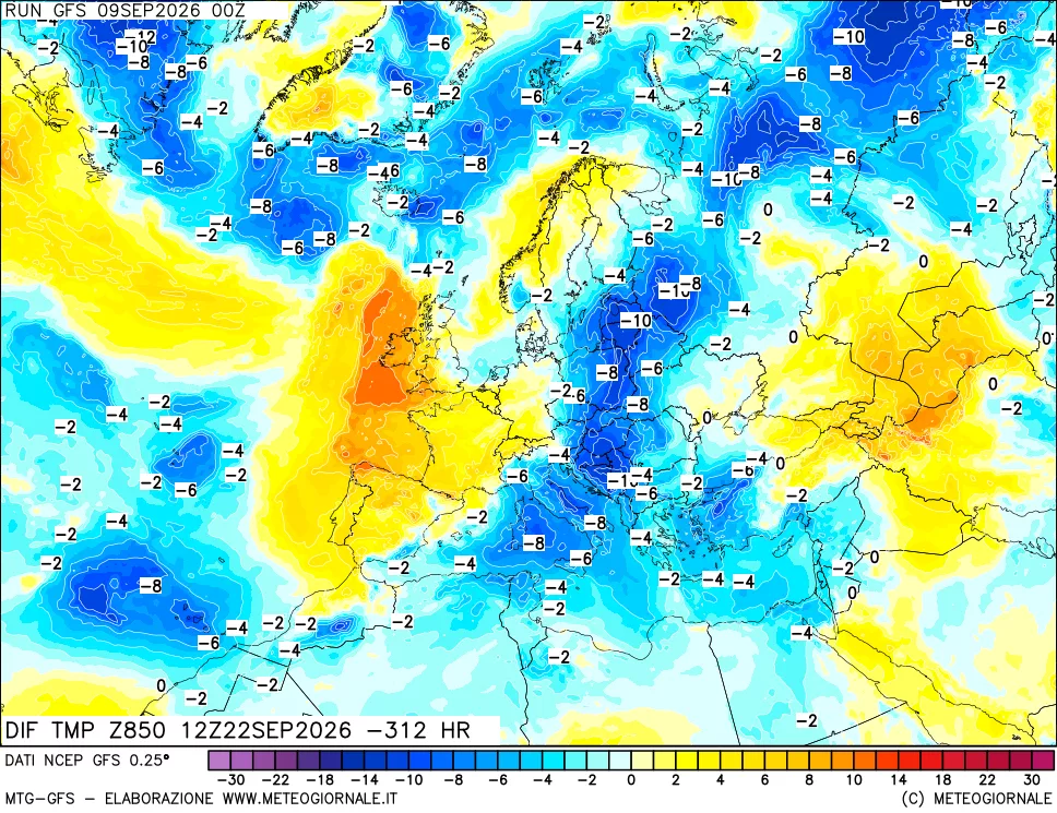 mappa Dif. Temp a 850 hPa Valid - Init