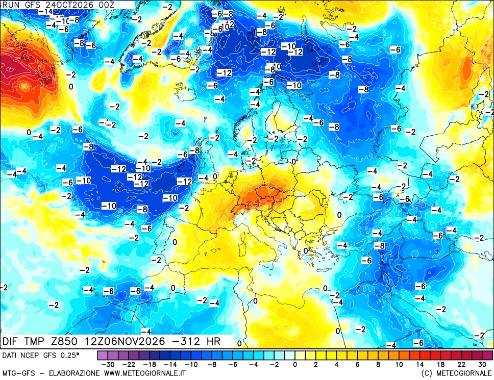 mappa Dif. Temp a 850 hPa Valid - Init