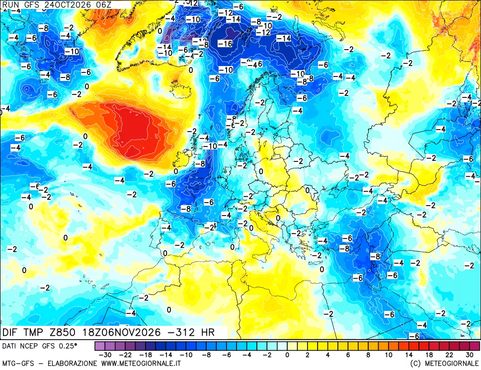 mappa Dif. Temp a 850 hPa Valid - Init