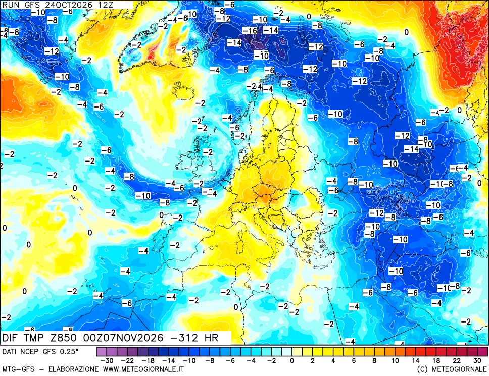 mappa Dif. Temp a 850 hPa Valid - Init