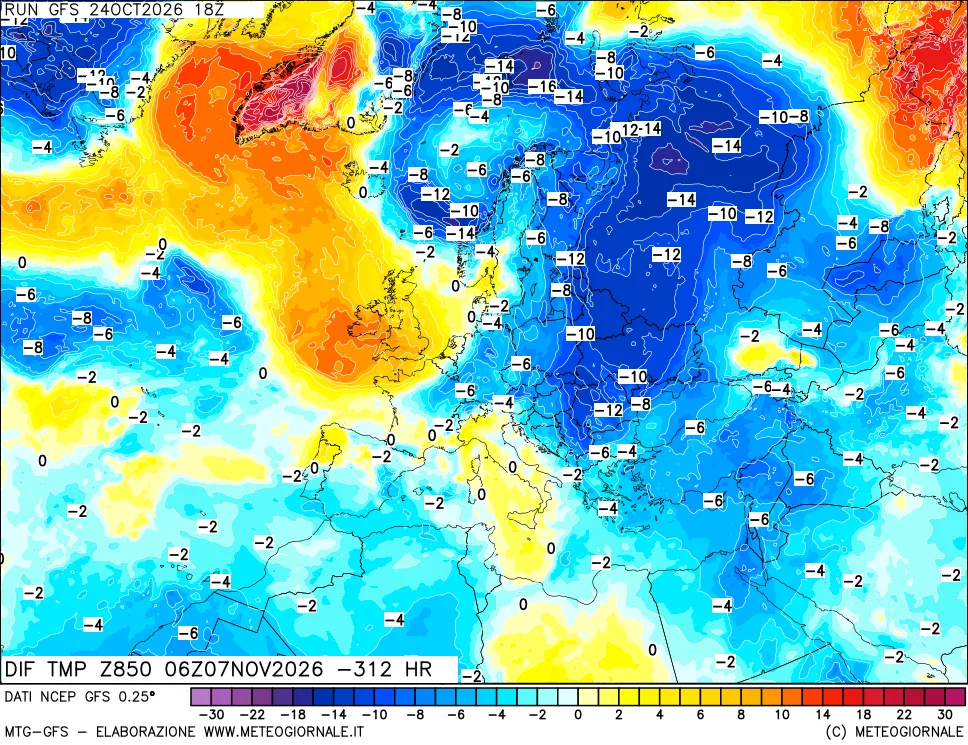 mappa Dif. Temp a 850 hPa Valid - Init