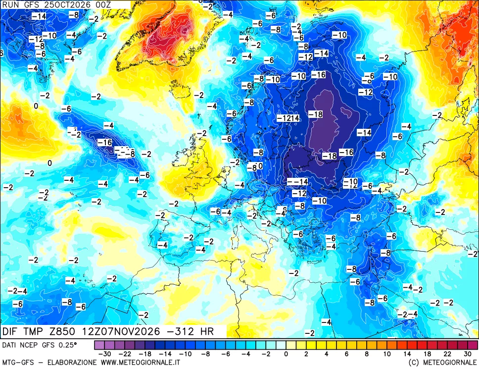 mappa Dif. Temp a 850 hPa Valid - Init
