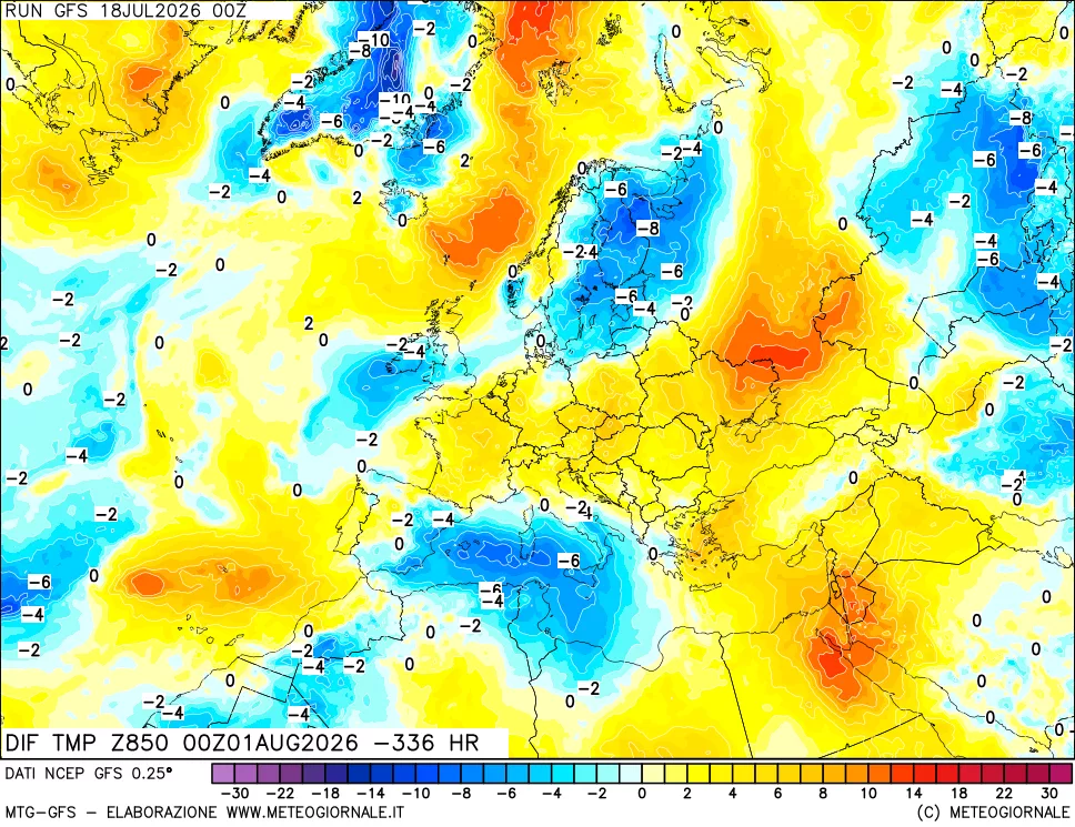 mappa Dif. Temp a 850 hPa Valid - Init