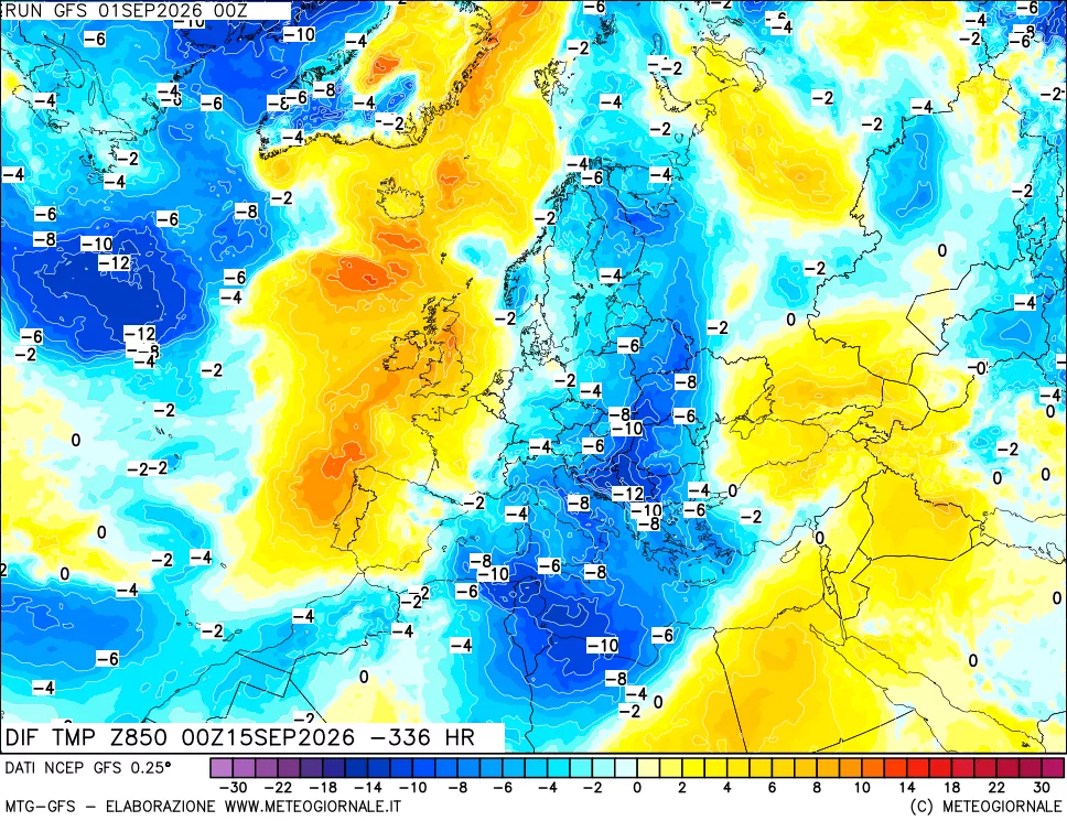 mappa Dif. Temp a 850 hPa Valid - Init