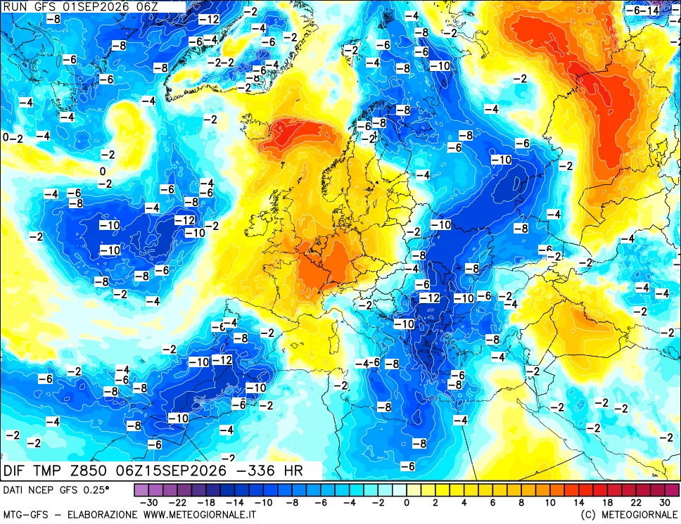 mappa Dif. Temp a 850 hPa Valid - Init
