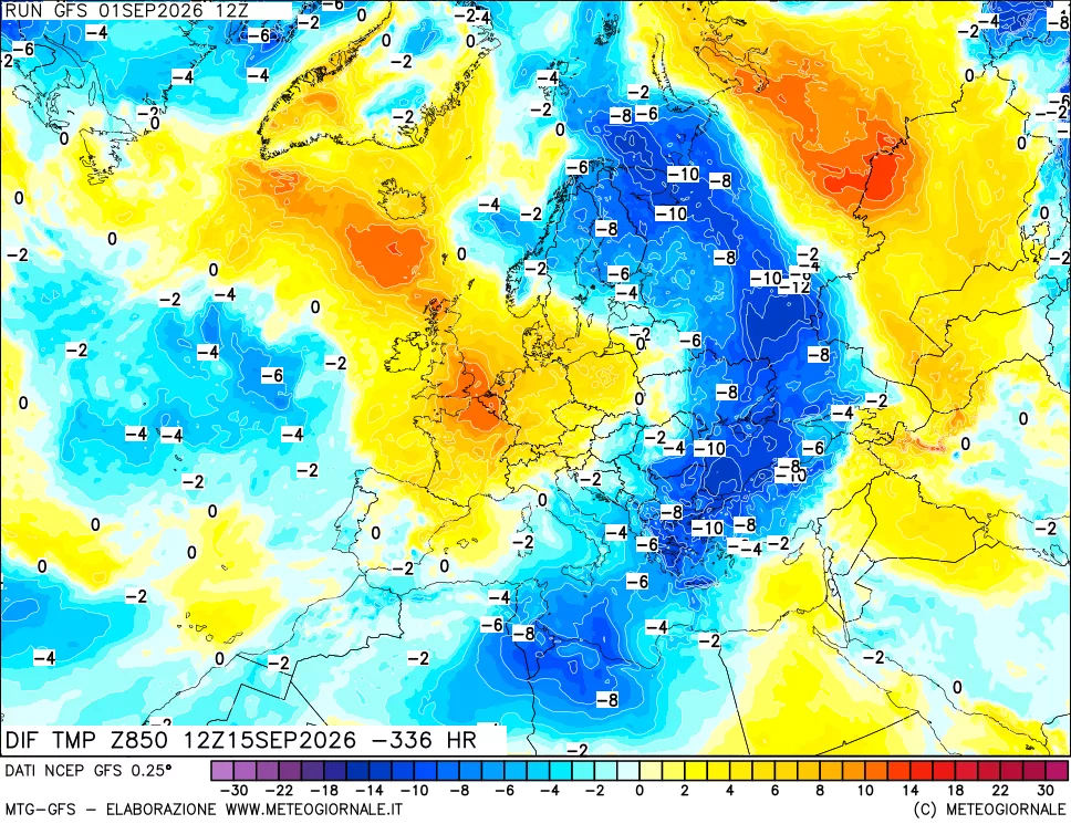 mappa Dif. Temp a 850 hPa Valid - Init