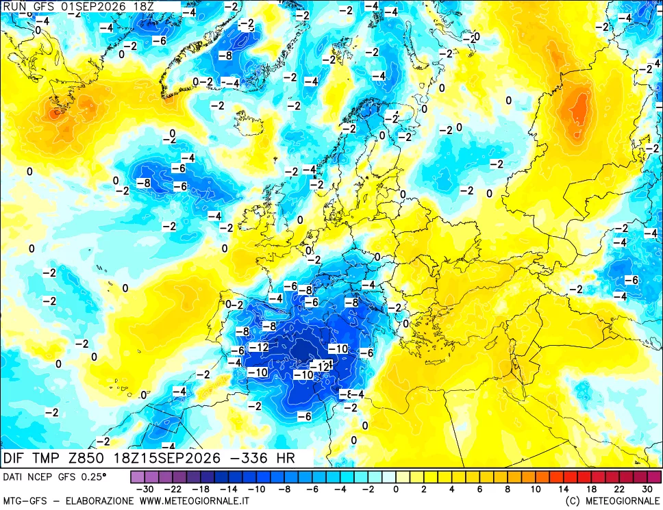 mappa Dif. Temp a 850 hPa Valid - Init