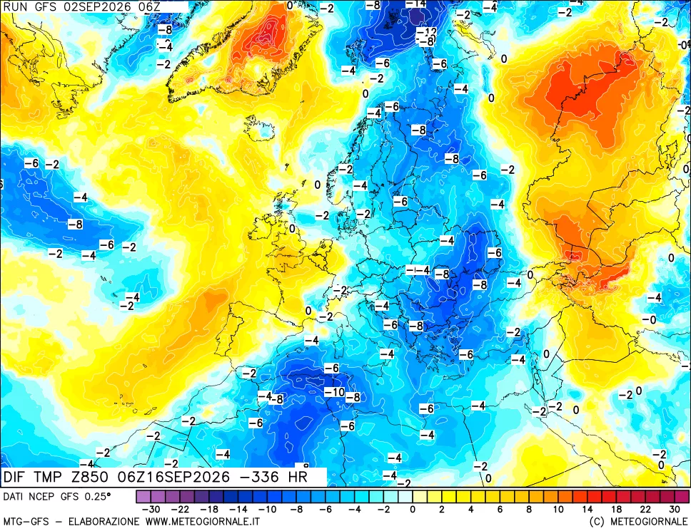 mappa Dif. Temp a 850 hPa Valid - Init