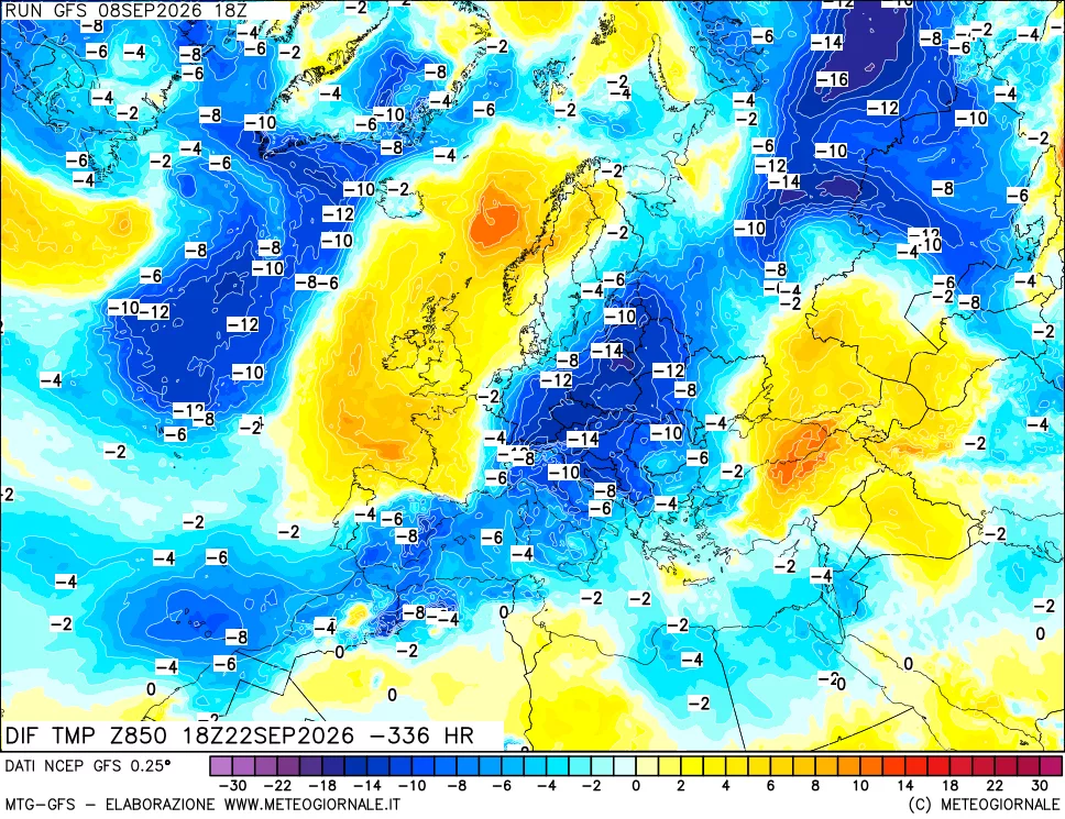 mappa Dif. Temp a 850 hPa Valid - Init