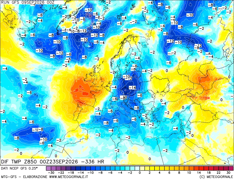 mappa Dif. Temp a 850 hPa Valid - Init
