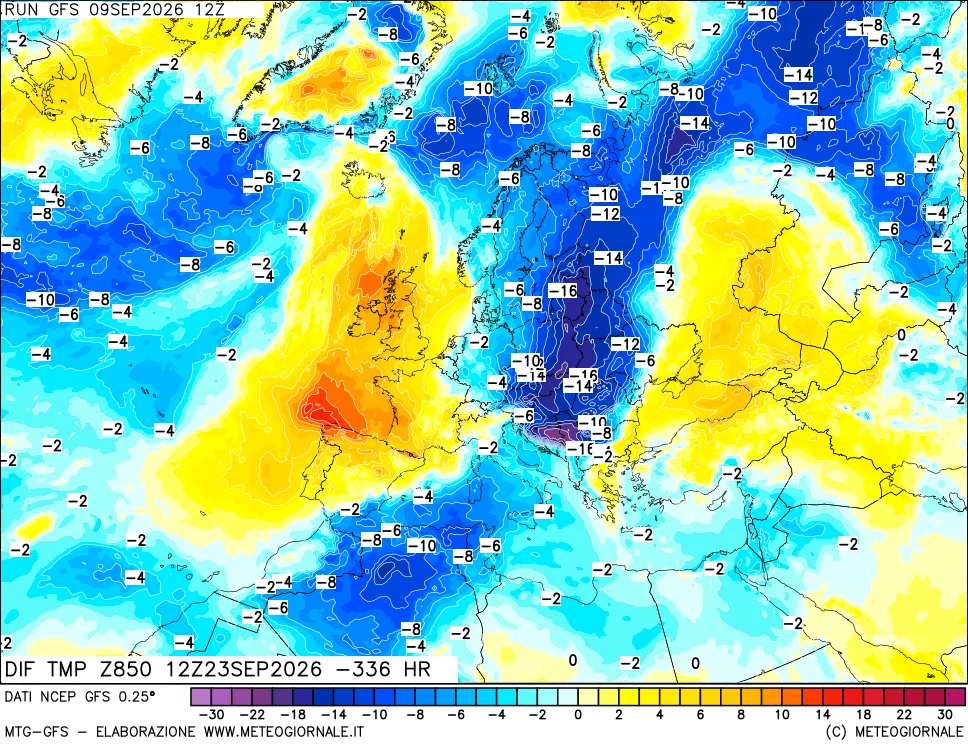 mappa Dif. Temp a 850 hPa Valid - Init