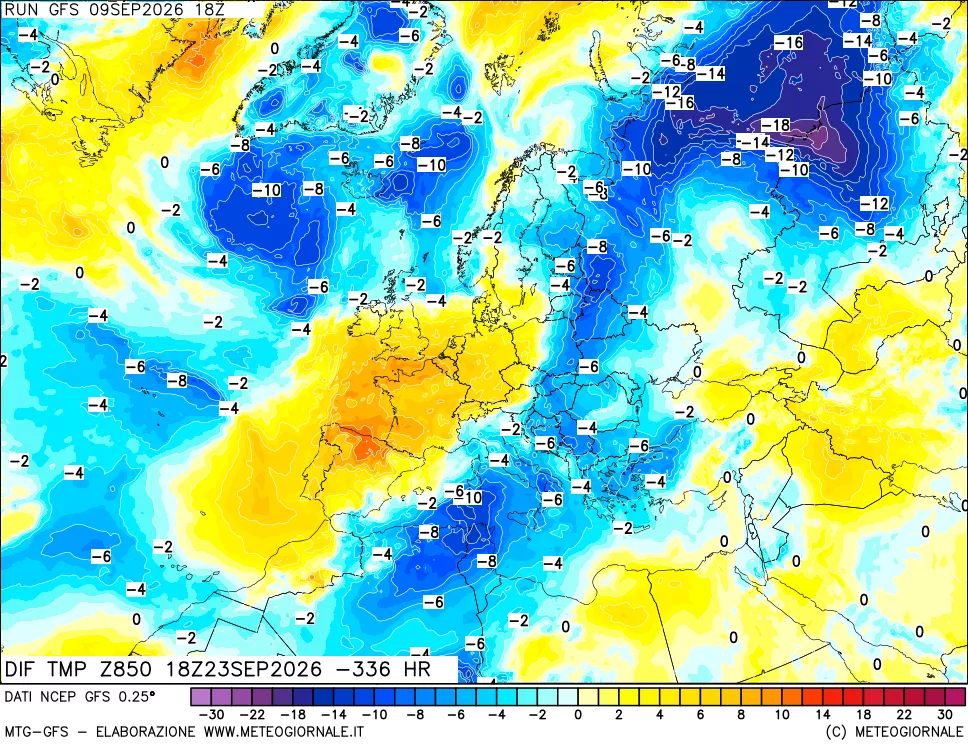 mappa Dif. Temp a 850 hPa Valid - Init