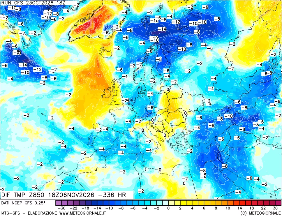 mappa Dif. Temp a 850 hPa Valid - Init