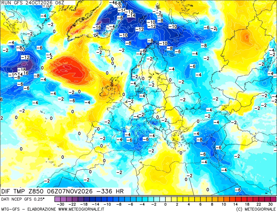 mappa Dif. Temp a 850 hPa Valid - Init