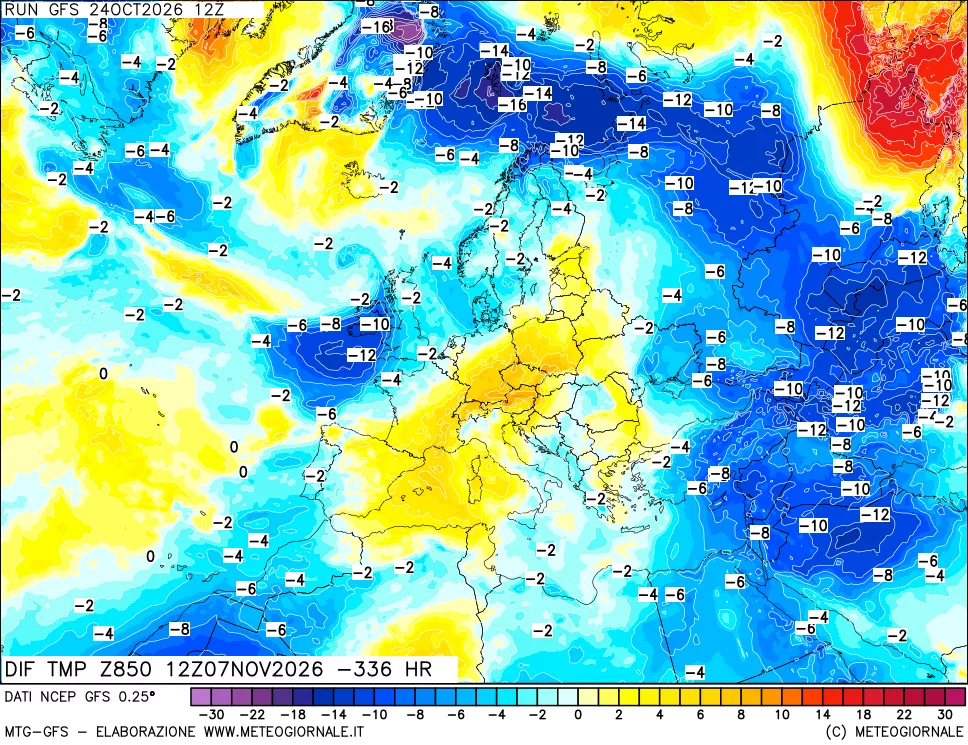 mappa Dif. Temp a 850 hPa Valid - Init
