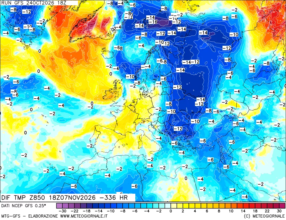 mappa Dif. Temp a 850 hPa Valid - Init
