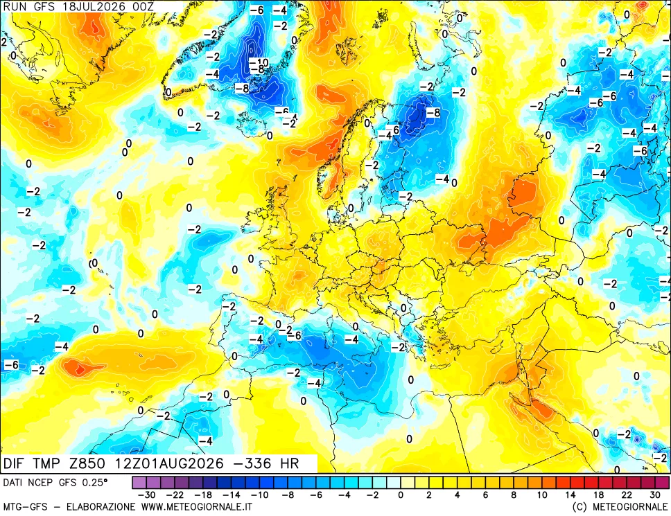 mappa Dif. Temp a 850 hPa Valid - Init