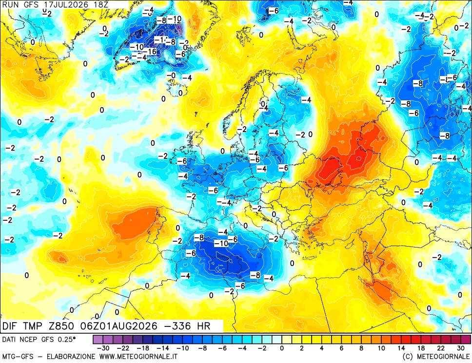 mappa Dif. Temp a 850 hPa Valid - Init