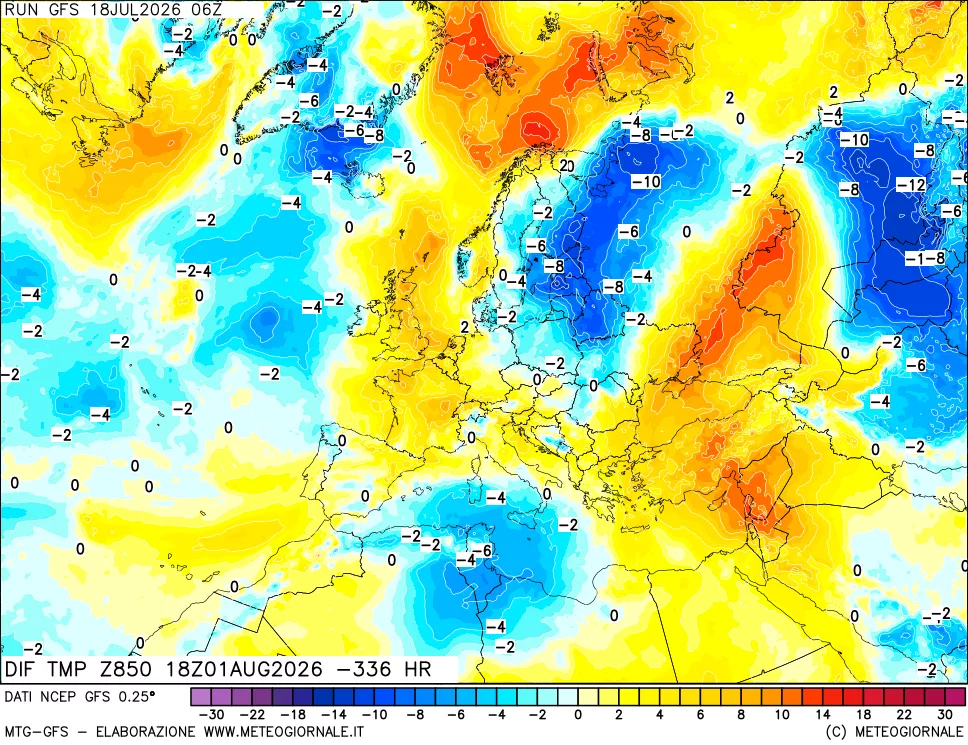 mappa Dif. Temp a 850 hPa Valid - Init