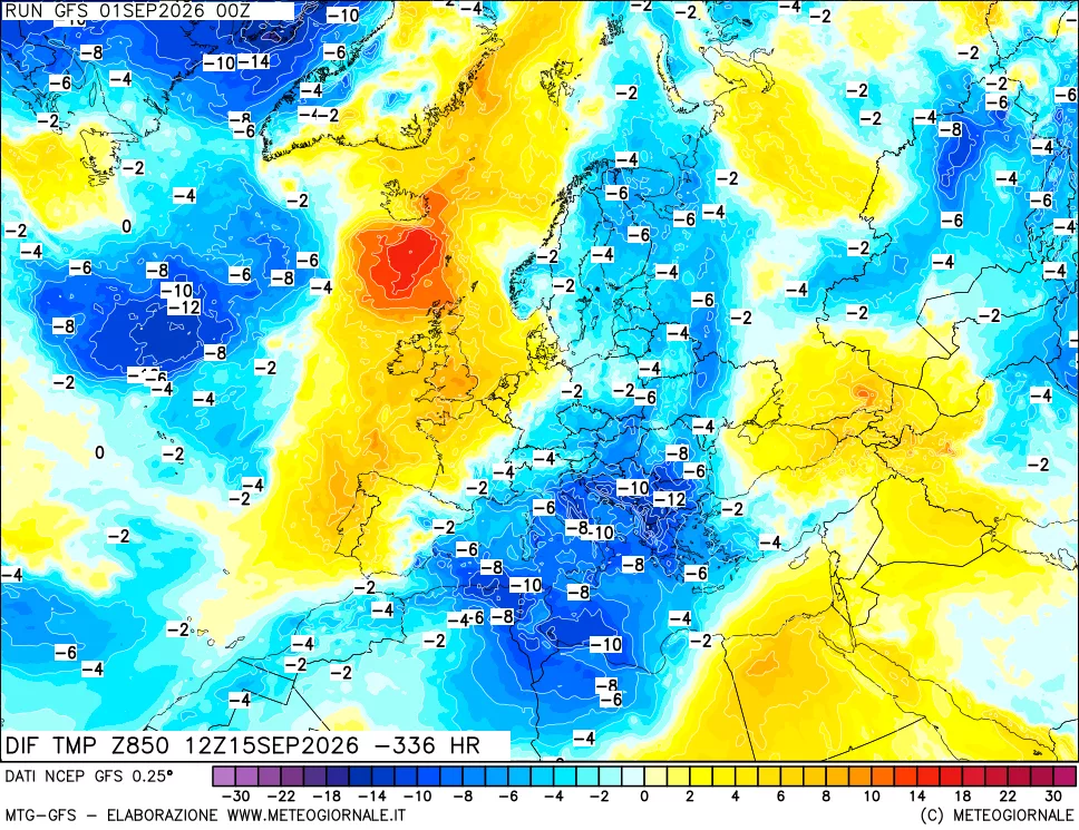 mappa Dif. Temp a 850 hPa Valid - Init