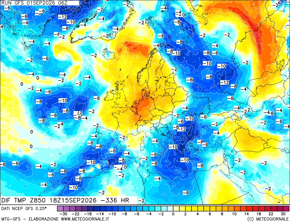 mappa Dif. Temp a 850 hPa Valid - Init