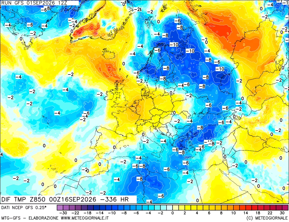 mappa Dif. Temp a 850 hPa Valid - Init