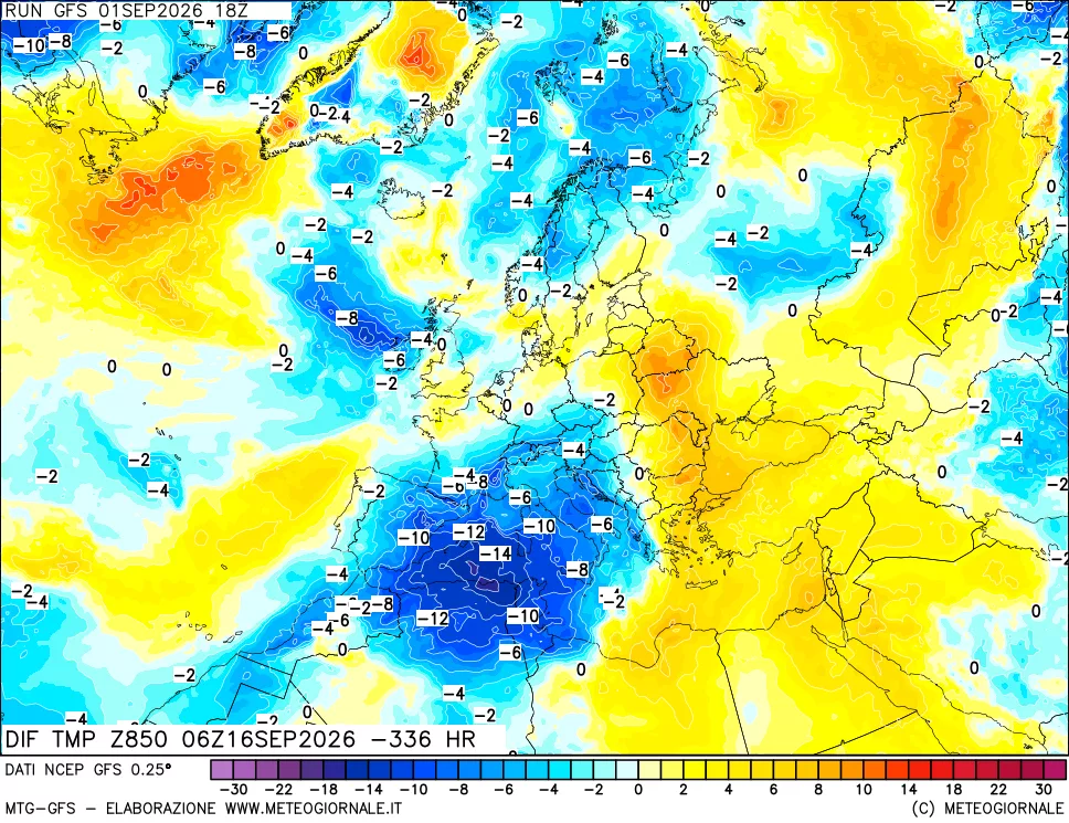 mappa Dif. Temp a 850 hPa Valid - Init