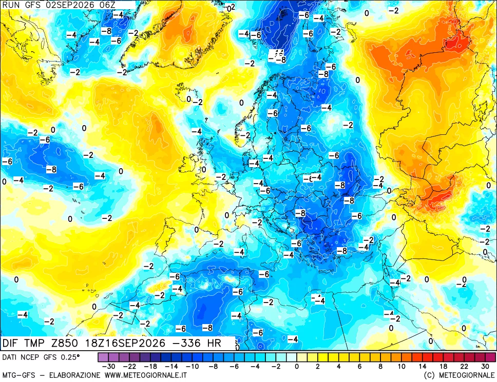 mappa Dif. Temp a 850 hPa Valid - Init