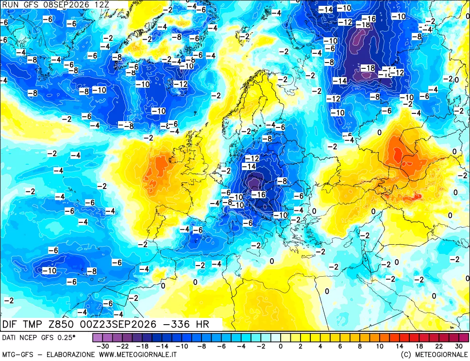 mappa Dif. Temp a 850 hPa Valid - Init