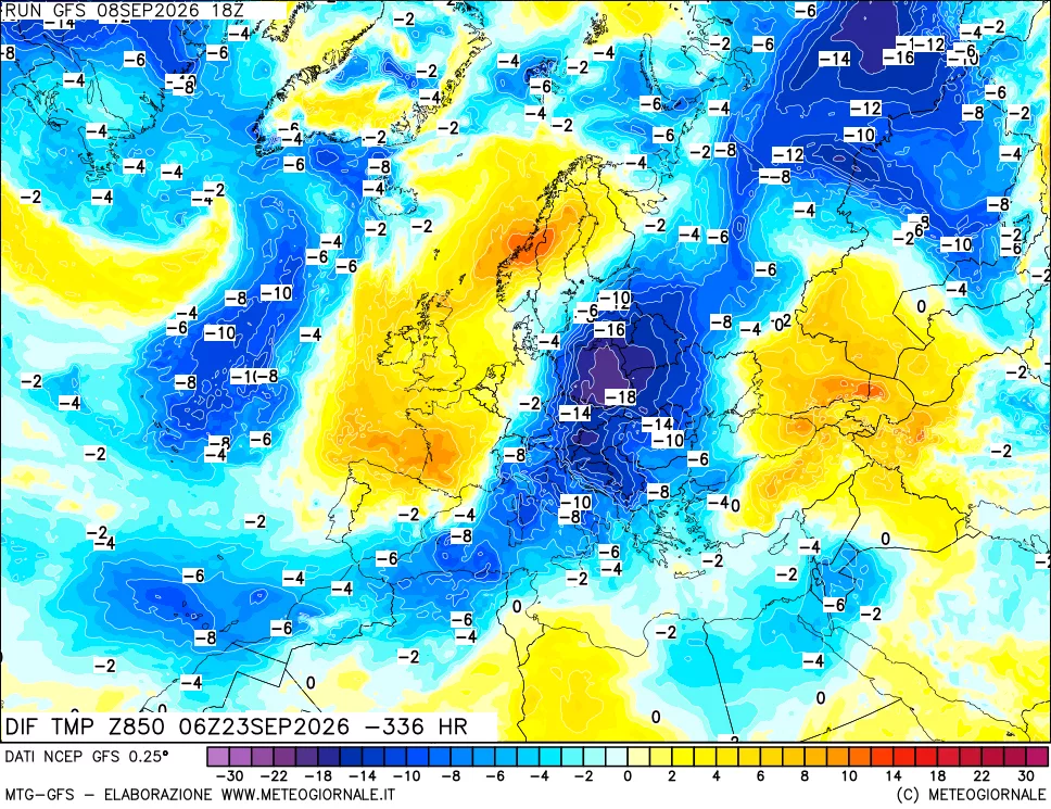 mappa Dif. Temp a 850 hPa Valid - Init