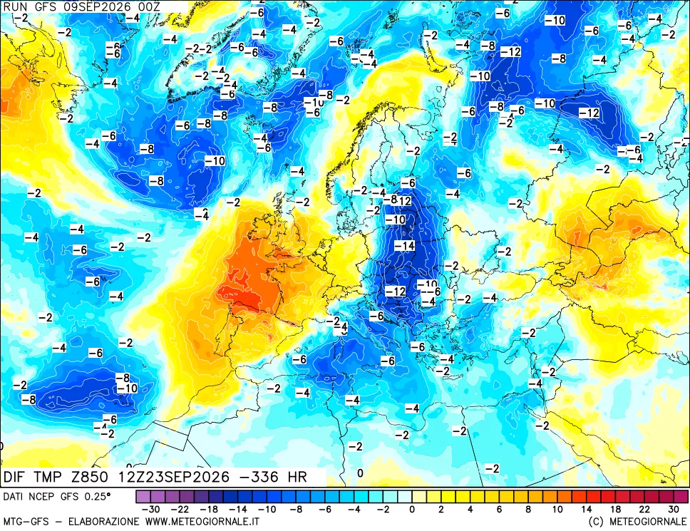 mappa Dif. Temp a 850 hPa Valid - Init