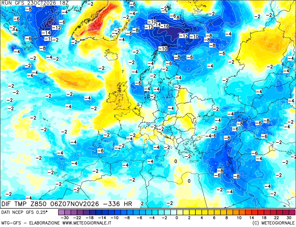 mappa Dif. Temp a 850 hPa Valid - Init