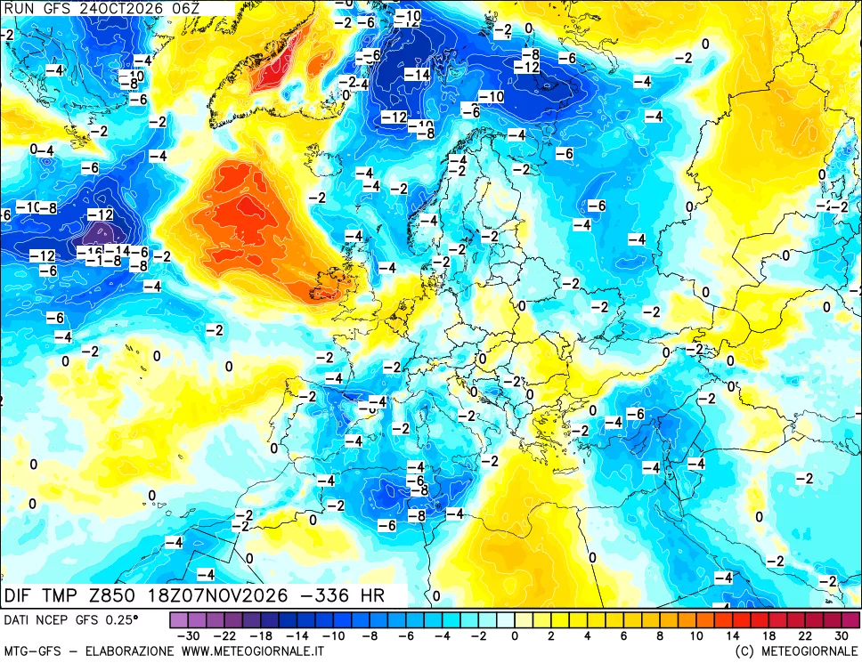 mappa Dif. Temp a 850 hPa Valid - Init
