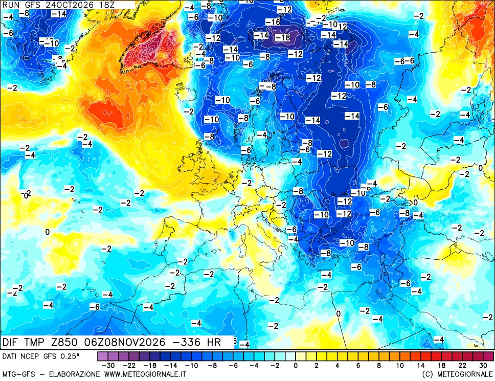 mappa Dif. Temp a 850 hPa Valid - Init