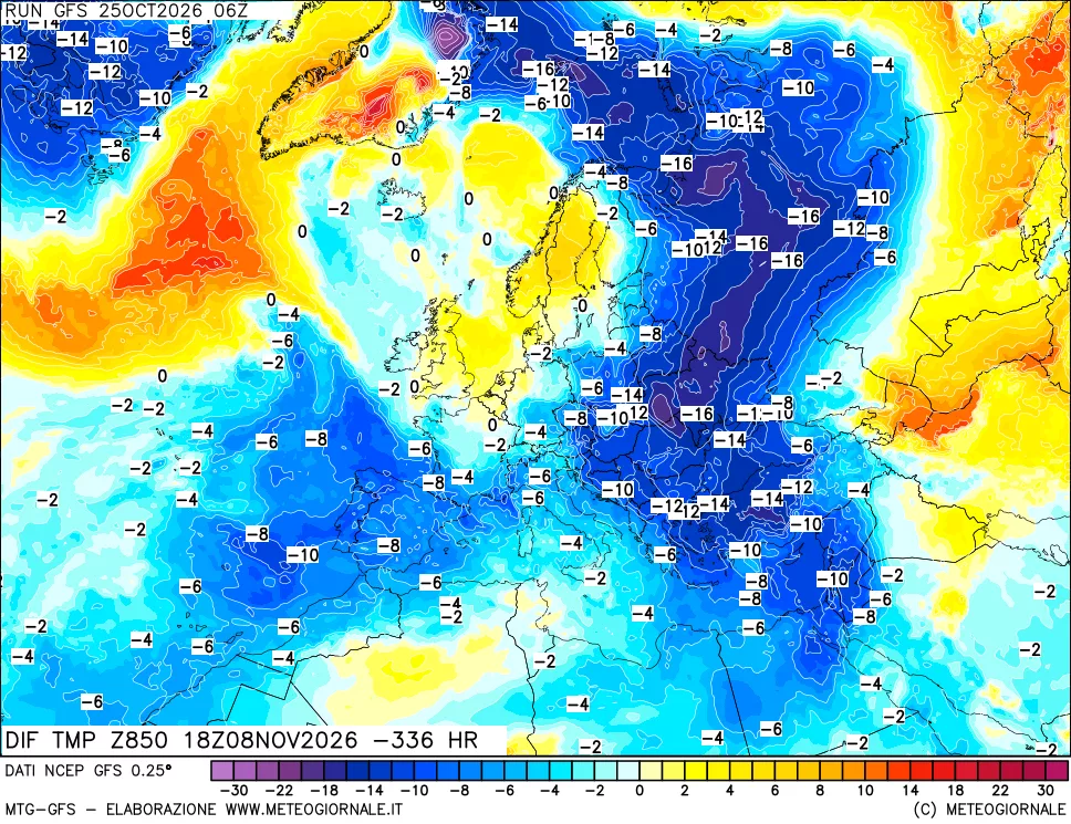 mappa Dif. Temp a 850 hPa Valid - Init