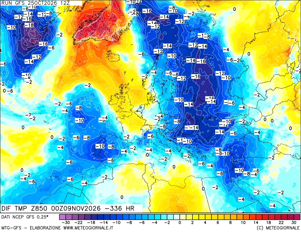 mappa Dif. Temp a 850 hPa Valid - Init