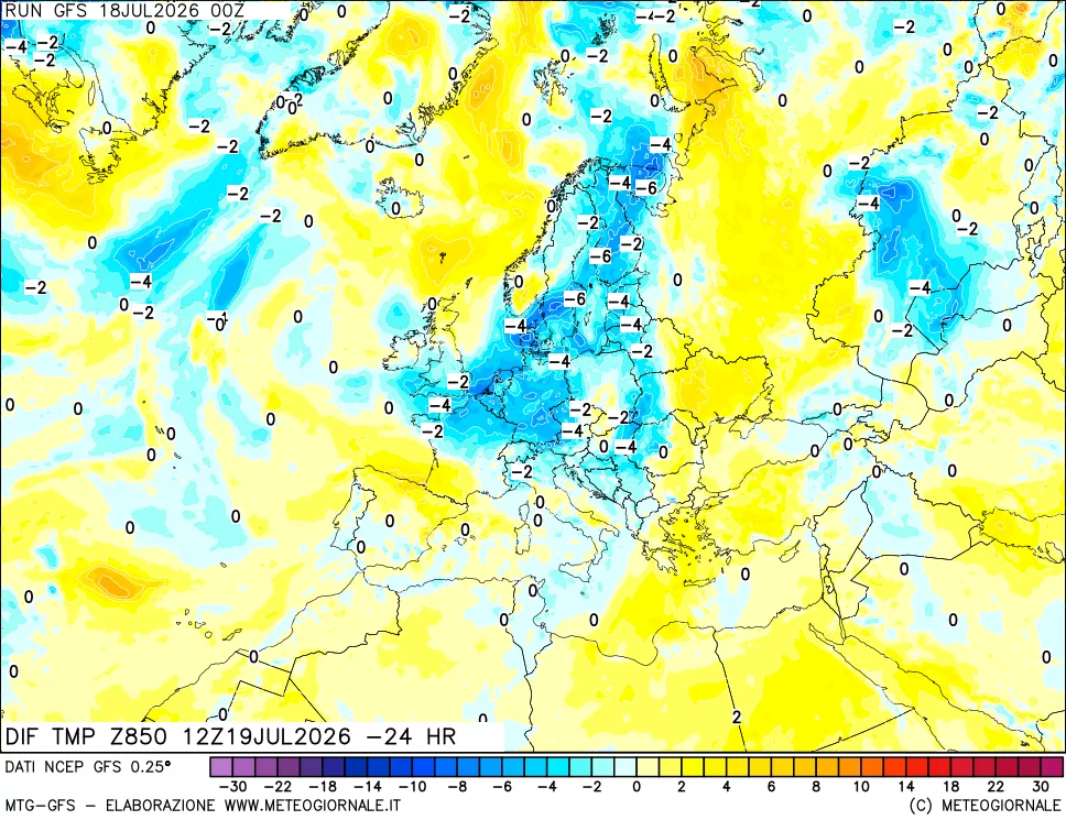 mappa Dif. Temp a 850 hPa Valid - Init